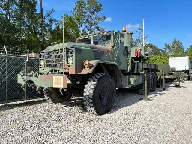 Camouflage six-wheel truck parked on gravel