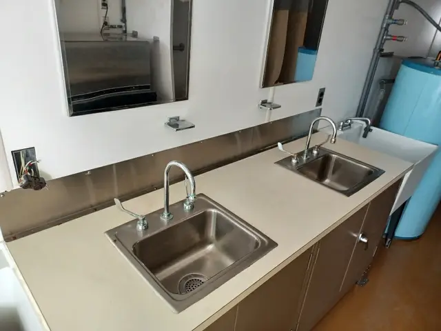 Sink counter inside a restroom trailer
